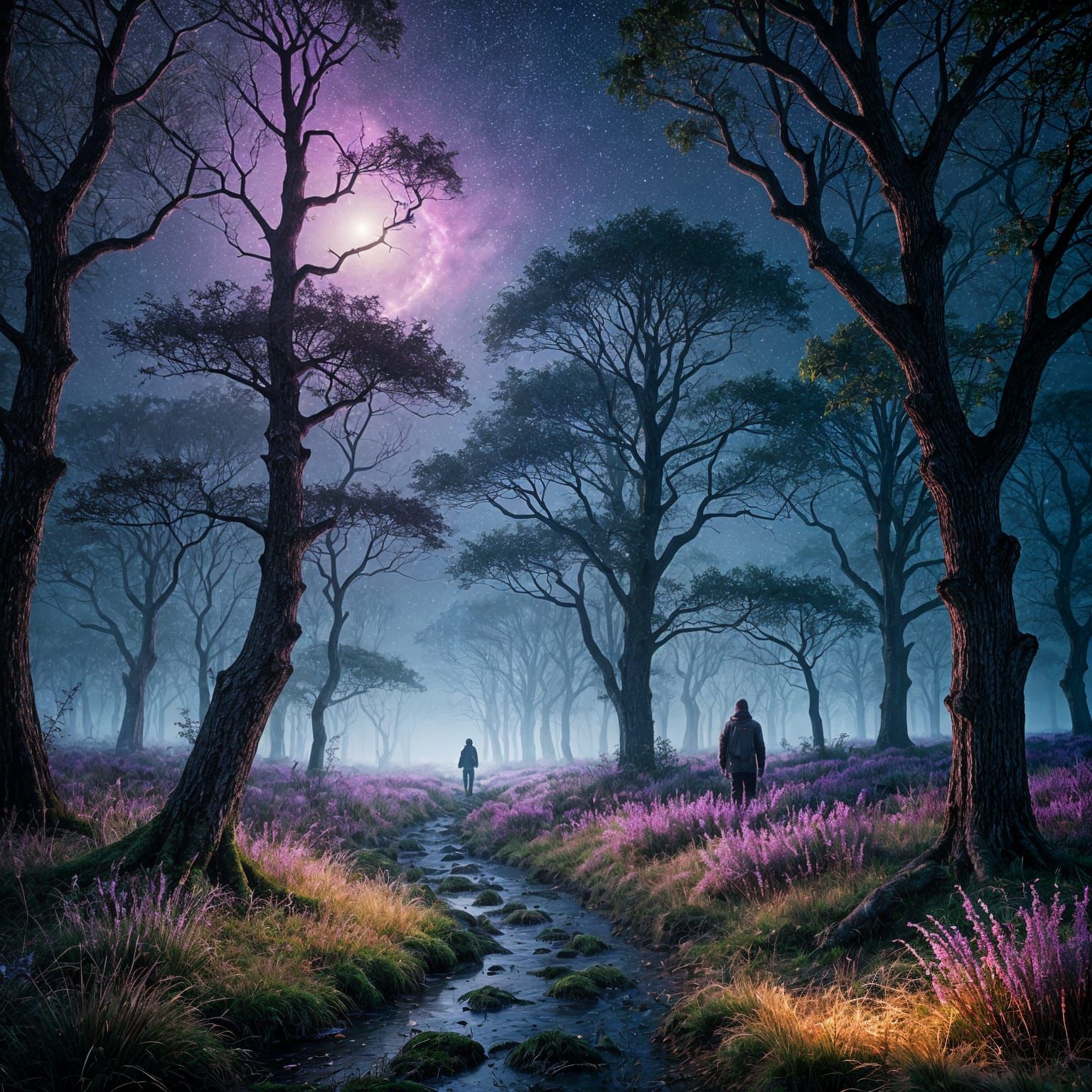 Gloomy Forest at Night in Retro Synthwave Style