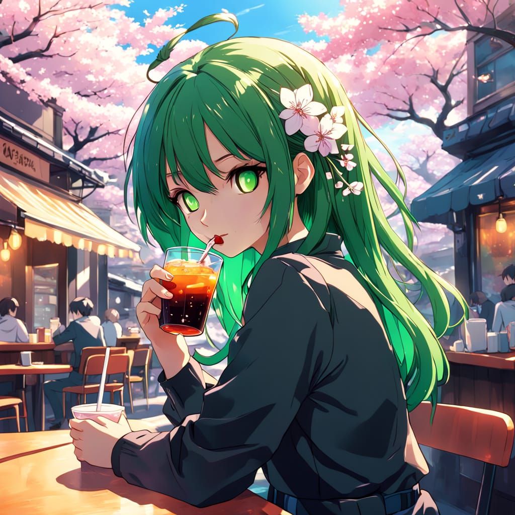 Anime Girl Sipping Boba Tea in Tokyo Cafe