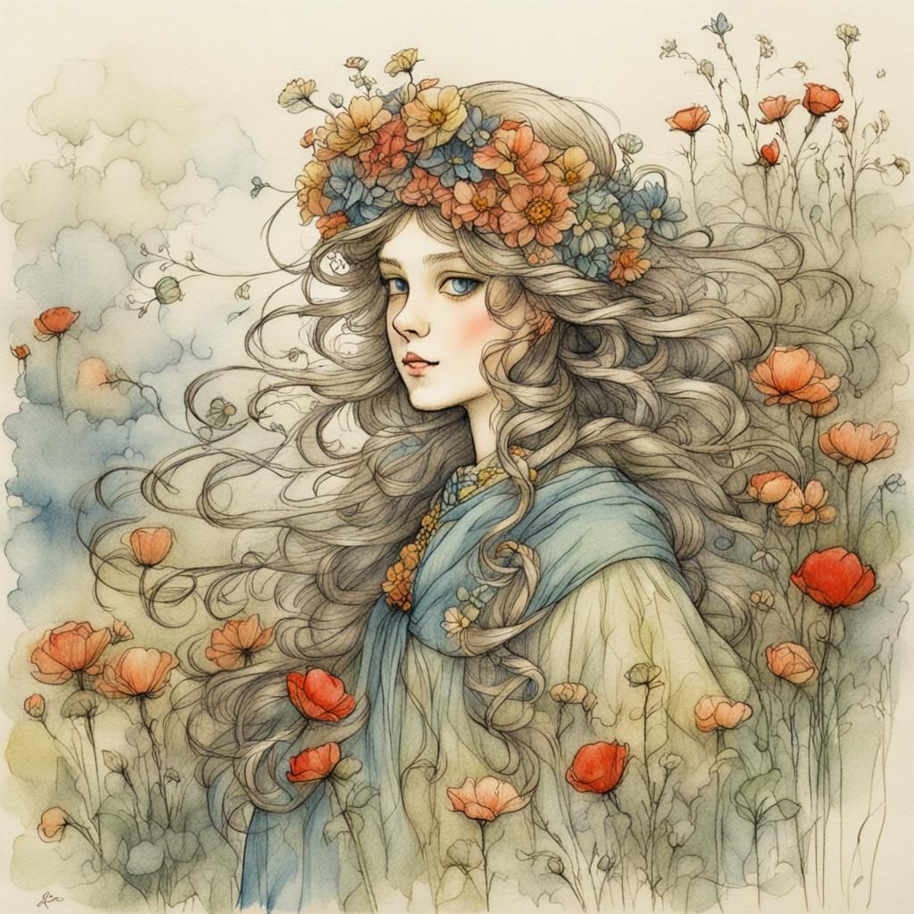 Whimsical Flower Princess Doodle in Arthur Rackham Style