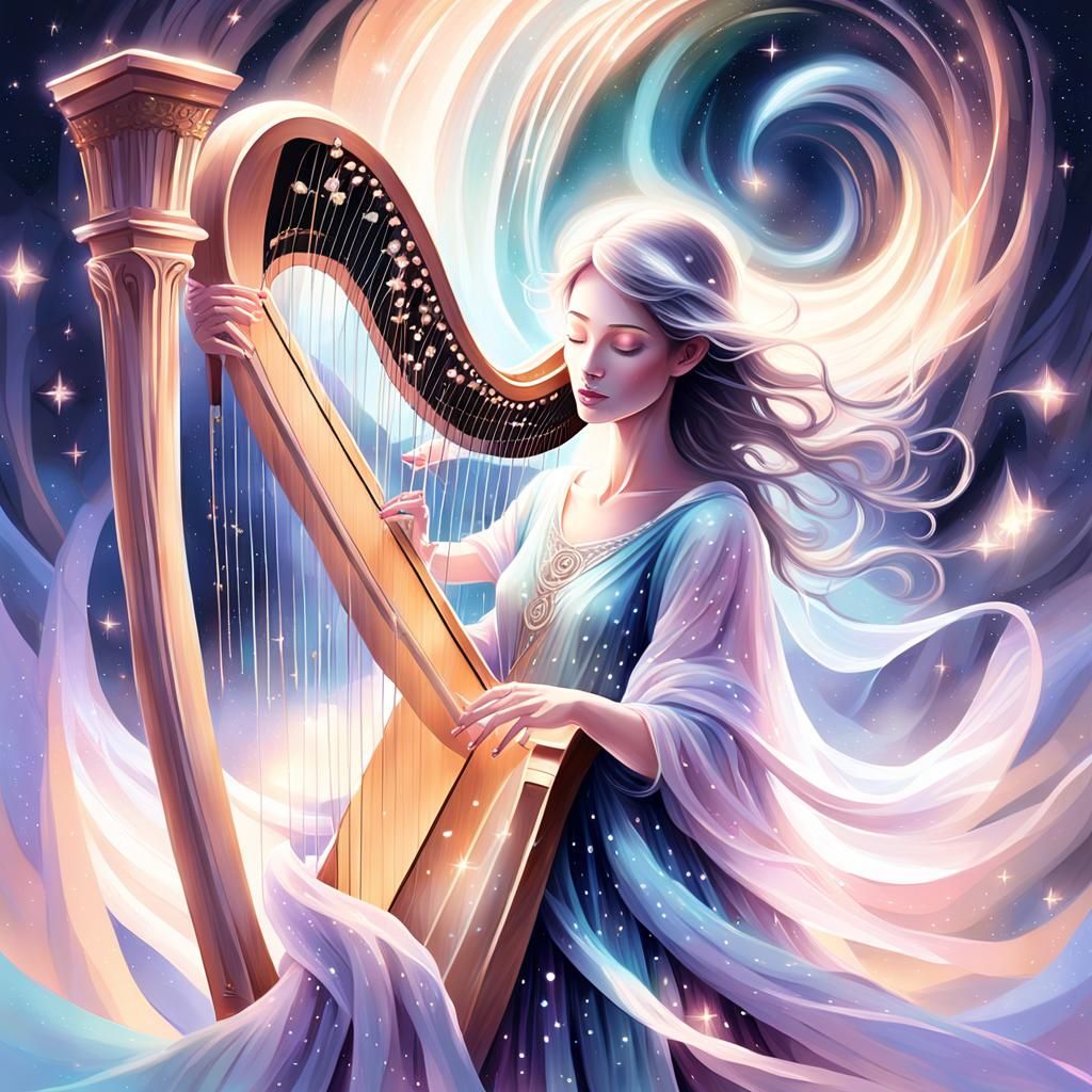 Ethereal Stardust Harpist in Dreamy Digital Painting