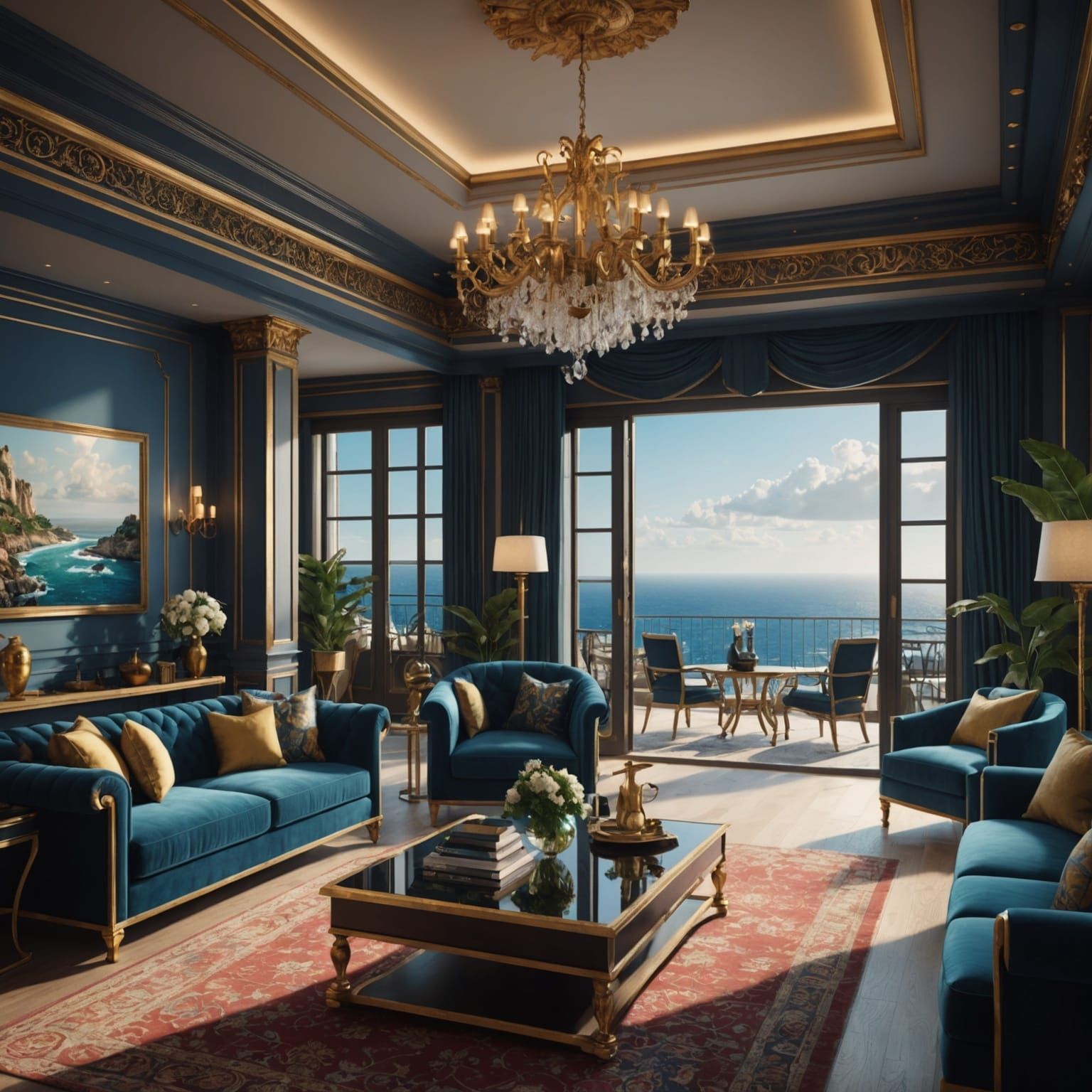 Luxury Apartment Interior with Ocean View: Detailed Matte Pa...