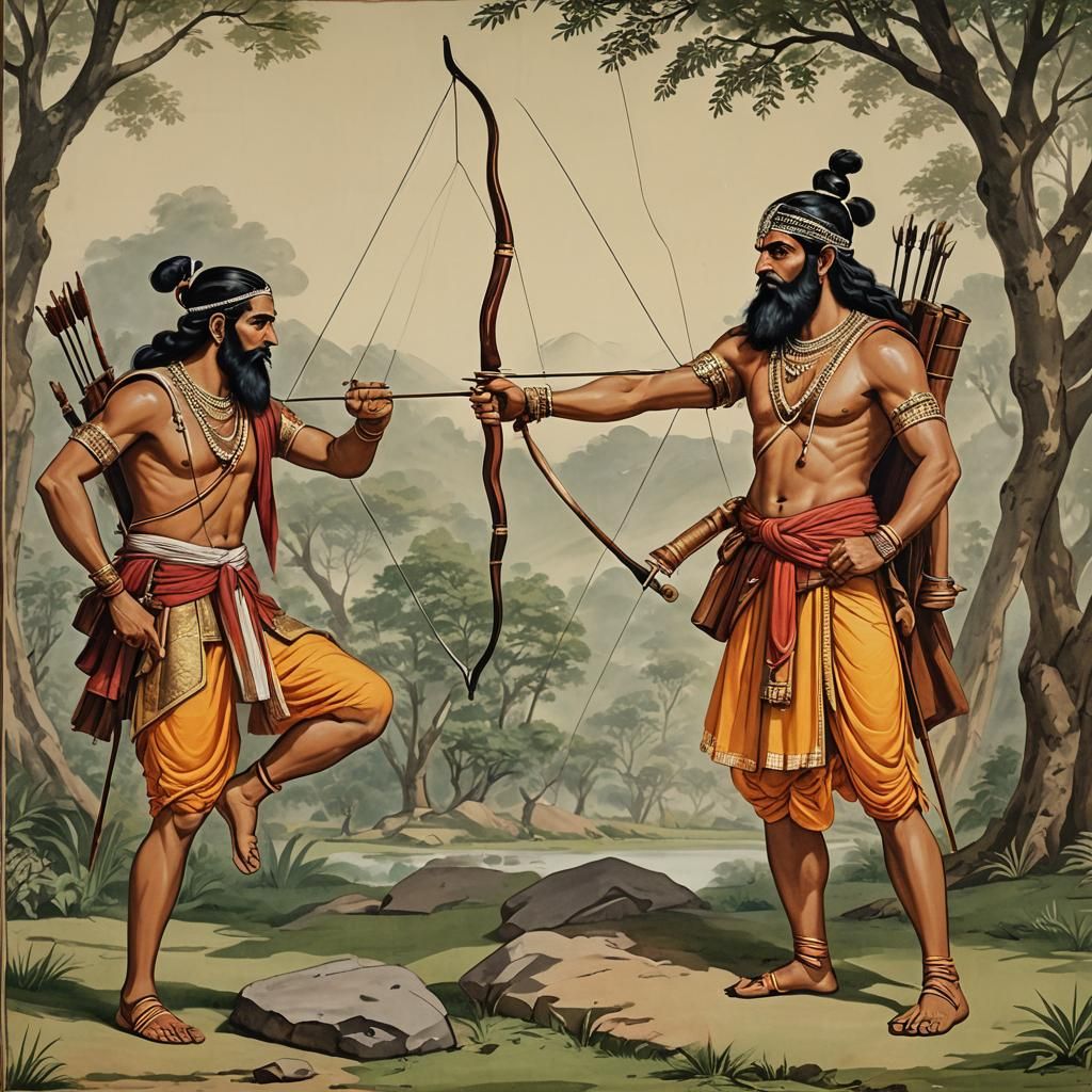 Guru Dronacharya and Ekalavya in Forest, Matte Painting