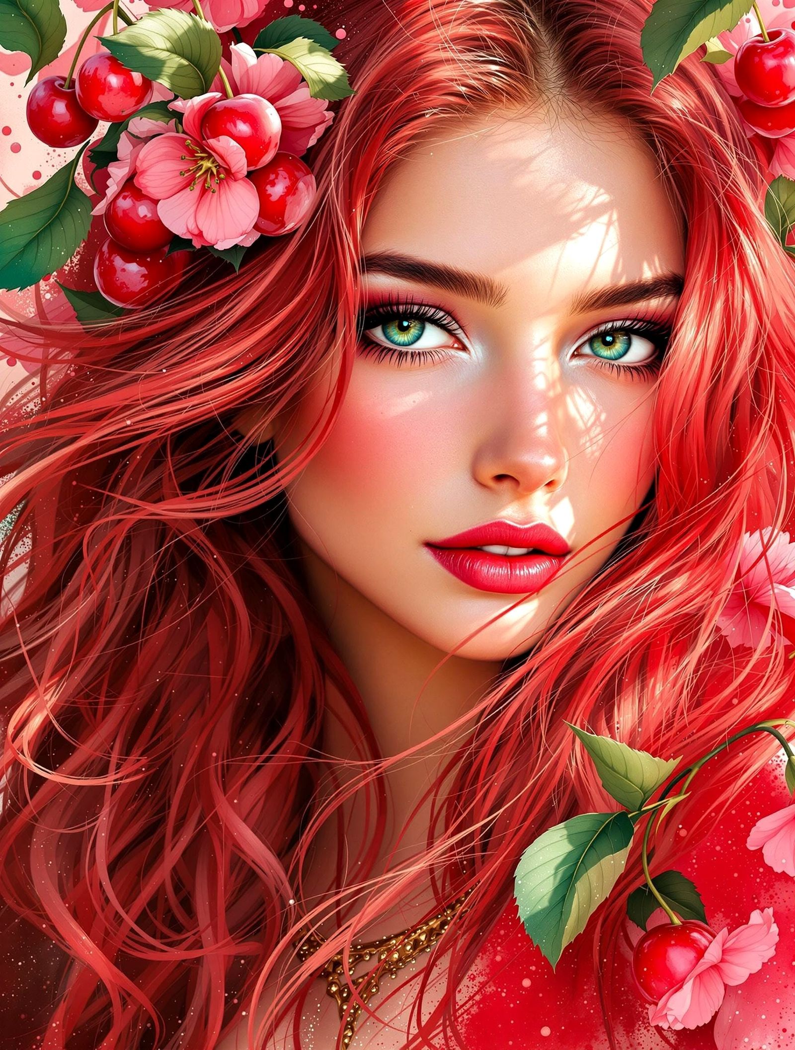 Cyberpunk Goddess with Cherry Red Hair in Vibrant Impasto Ar...