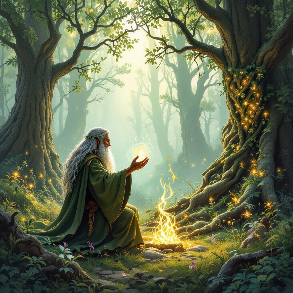 Druid Summons Forest Spirit in Ethereal Celtic Scene