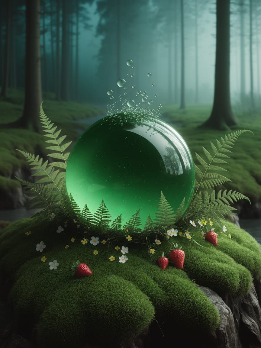 Glowing Sphere in Emerald Forest: Photorealistic Dreamscape