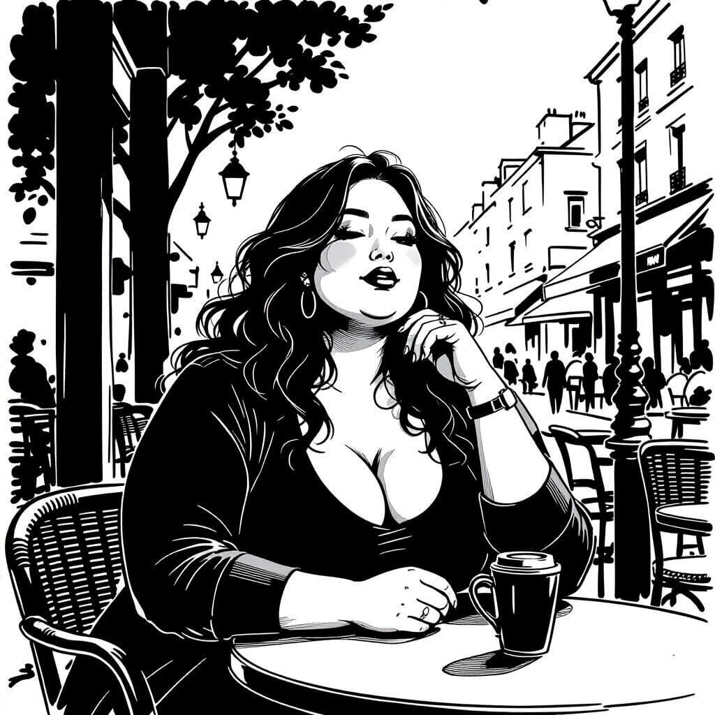 Plus Sized Woman in Cafe, Black Ink Drawing