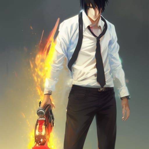 Chainsaw Man Portrait with Fire and Blood