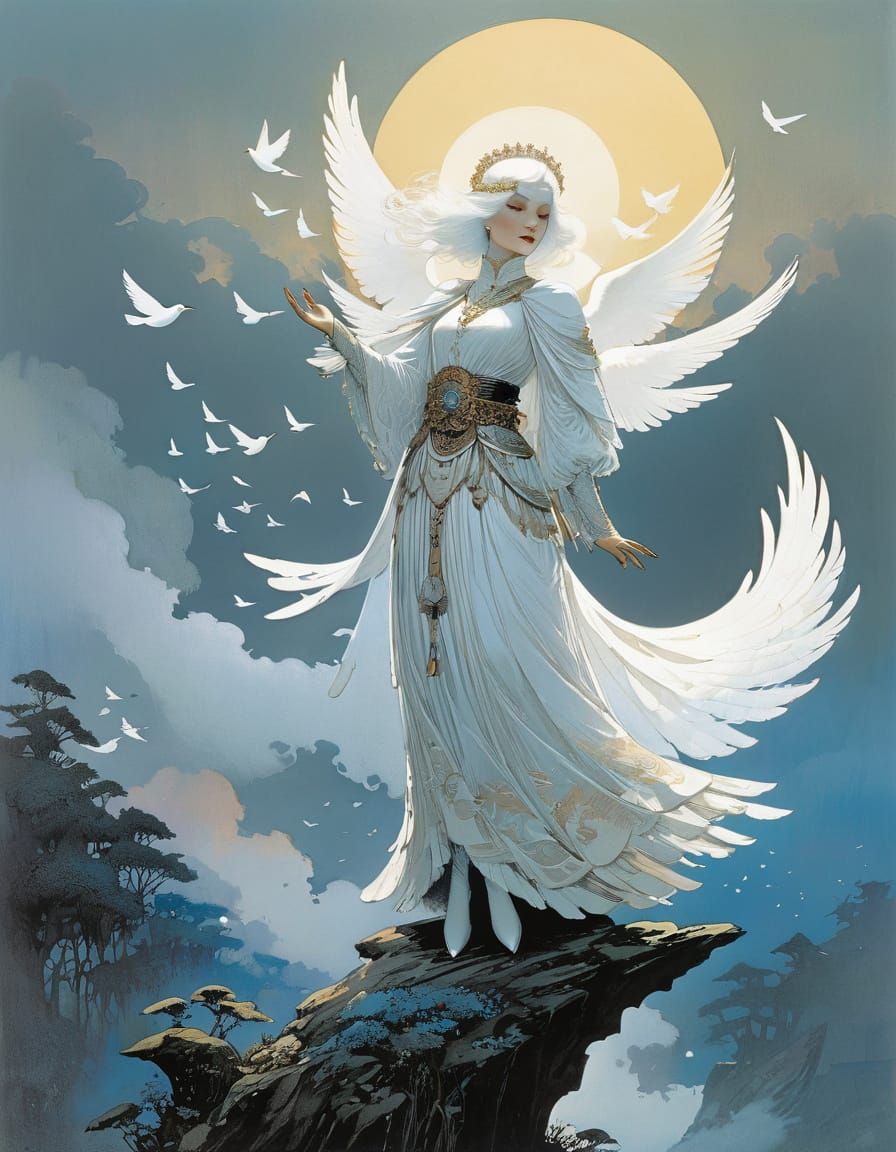 Majestic White Dove Queen Enveloped in Mystical Fog