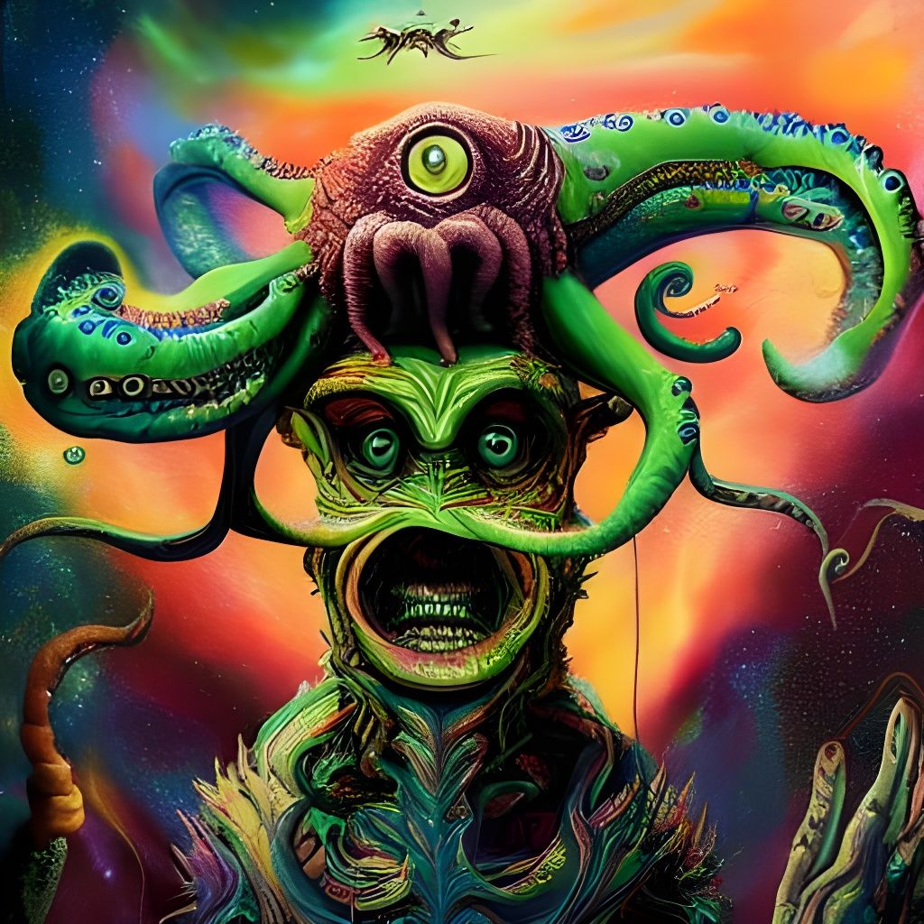 Psychedelic Mr. Bean Cthulhu Hybrid Impasto Painting