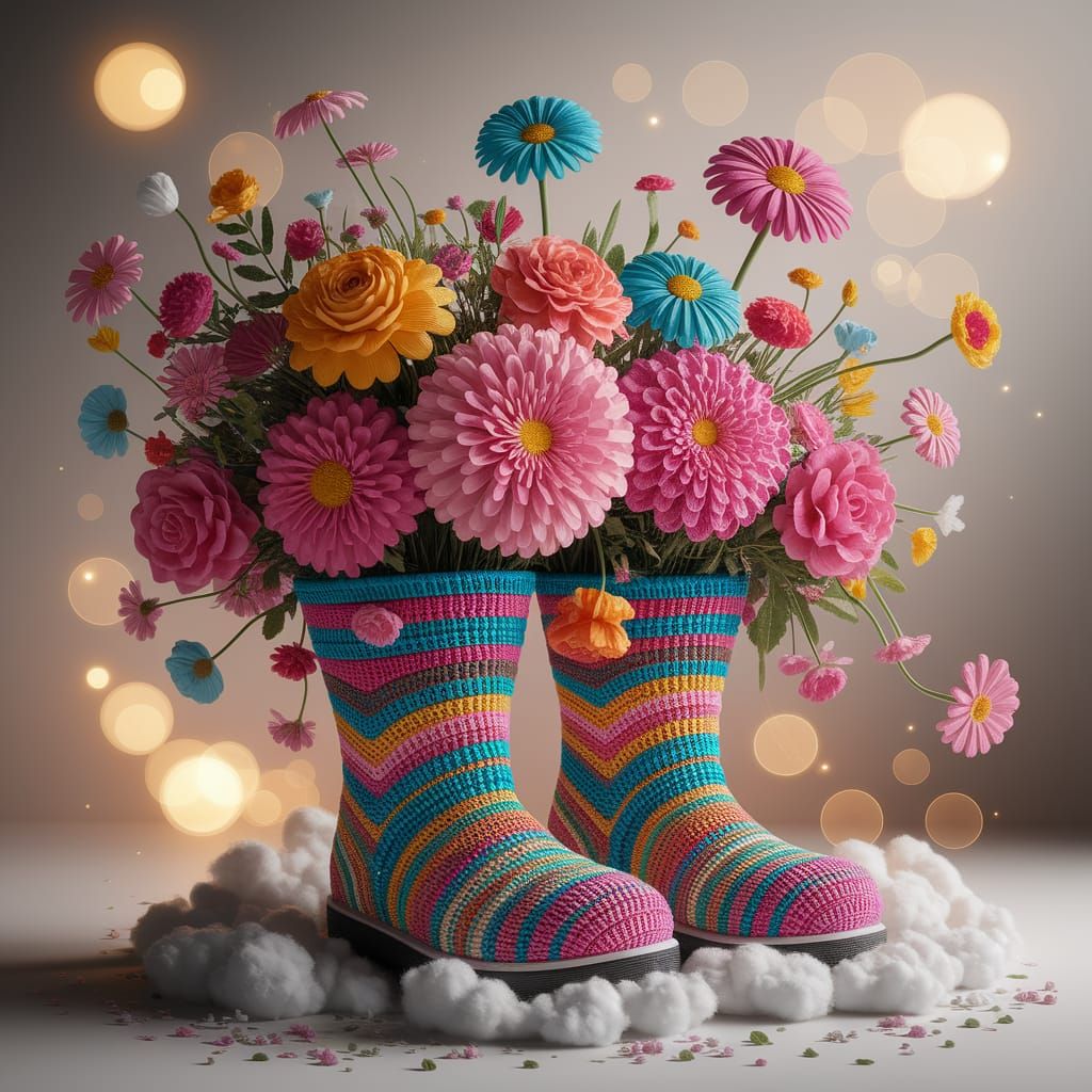 Vibrant Crocheted Boots Amidst Fantastical Flowers in Dreamy...