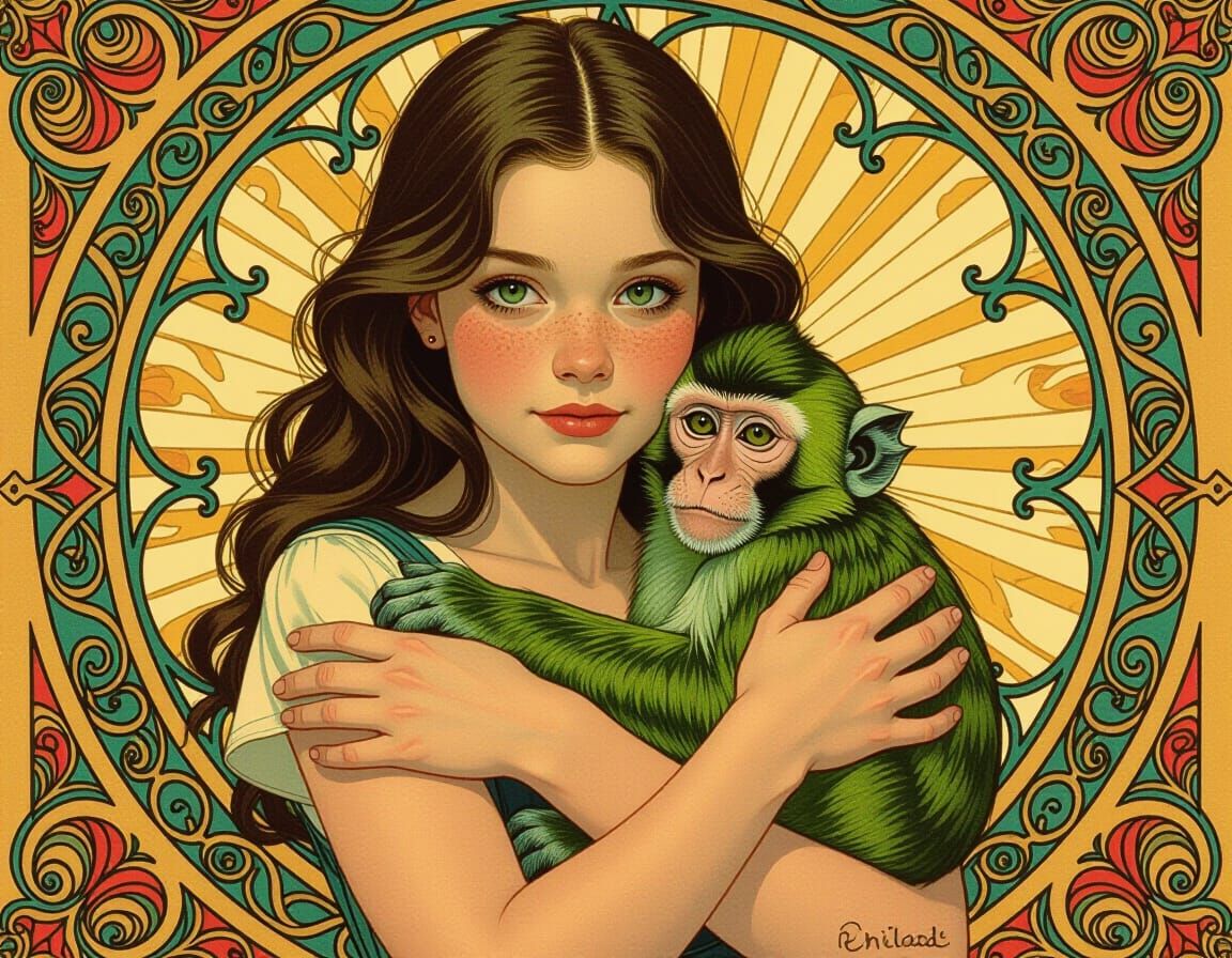 Teenage Girl With Green Monkey in Art Nouveau Realism Style