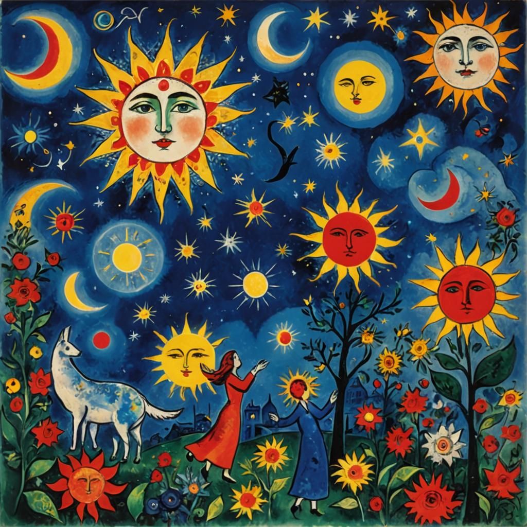 Sun and Moon in Chagall Style with Volumetric Lighting