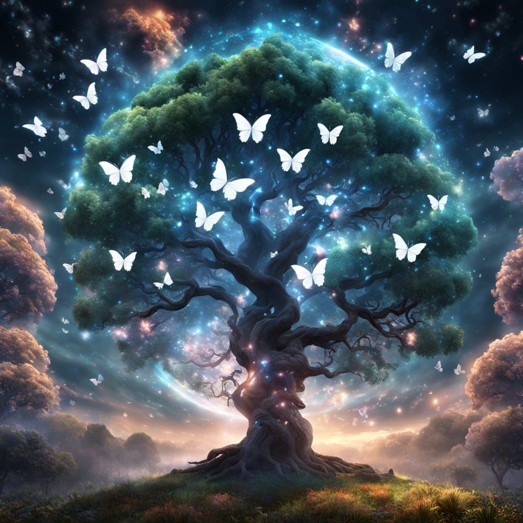 Radiant Tree of Life with Ethereal Butterflies