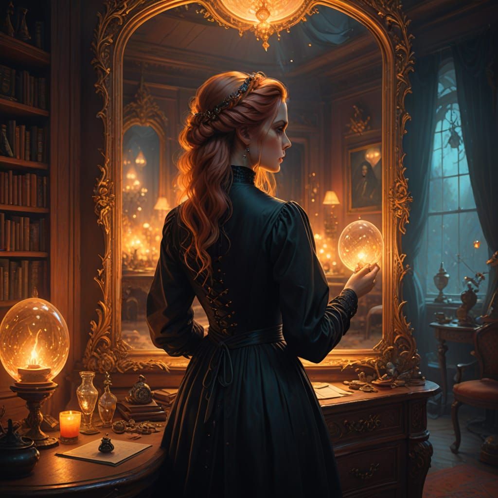 Witchy Woman with Vibrant Hair in Ethereal Bedroom