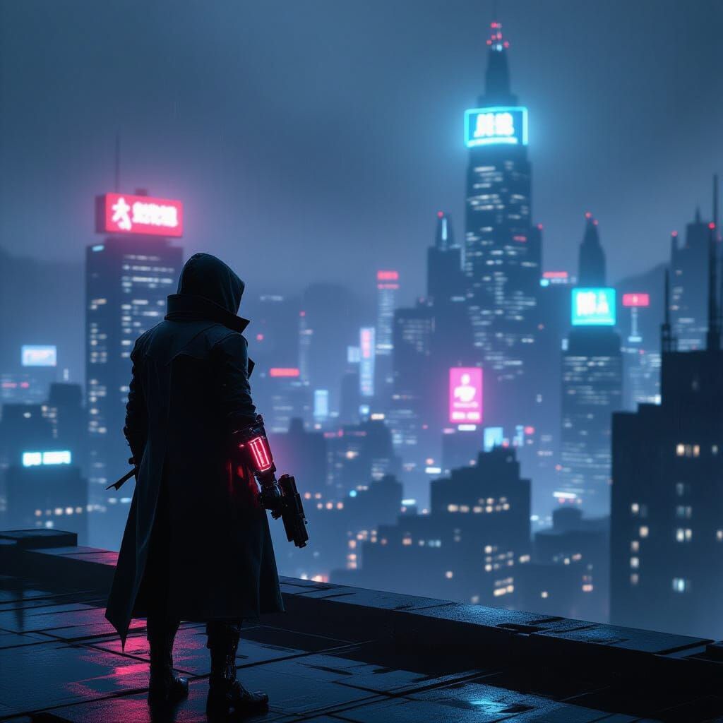 Cyberpunk Assassin Surveys Neon Metropolis