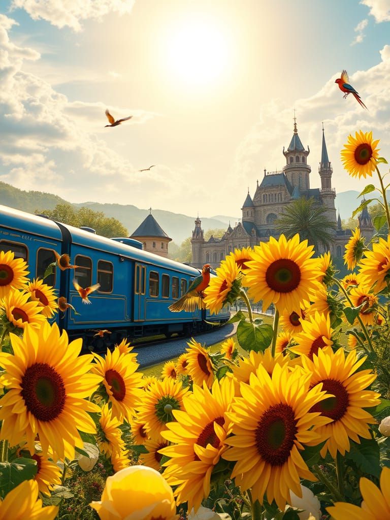 Vibrant Sunflowers Garden Scene in Whimsical Fantasy Style