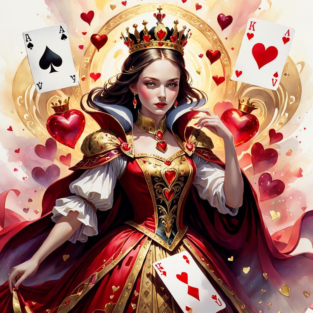 Queen of Hearts Emerges from Ancient Deck in Watercolor