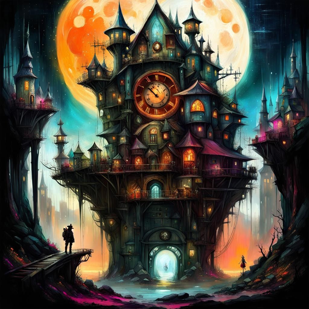 Clockpunk Crystal Portal Village: A Vibrant Masterpiece