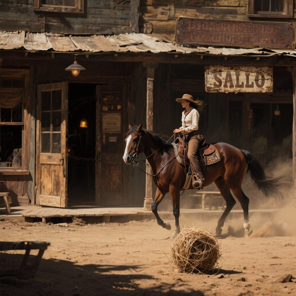 Cowgirl Rides Through Old West Town in Baroque Style