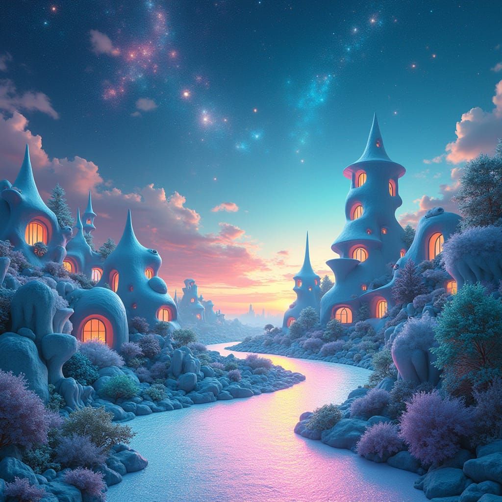 Surrealist Dreamscape with Hyperrealistic Houses and Celesti...