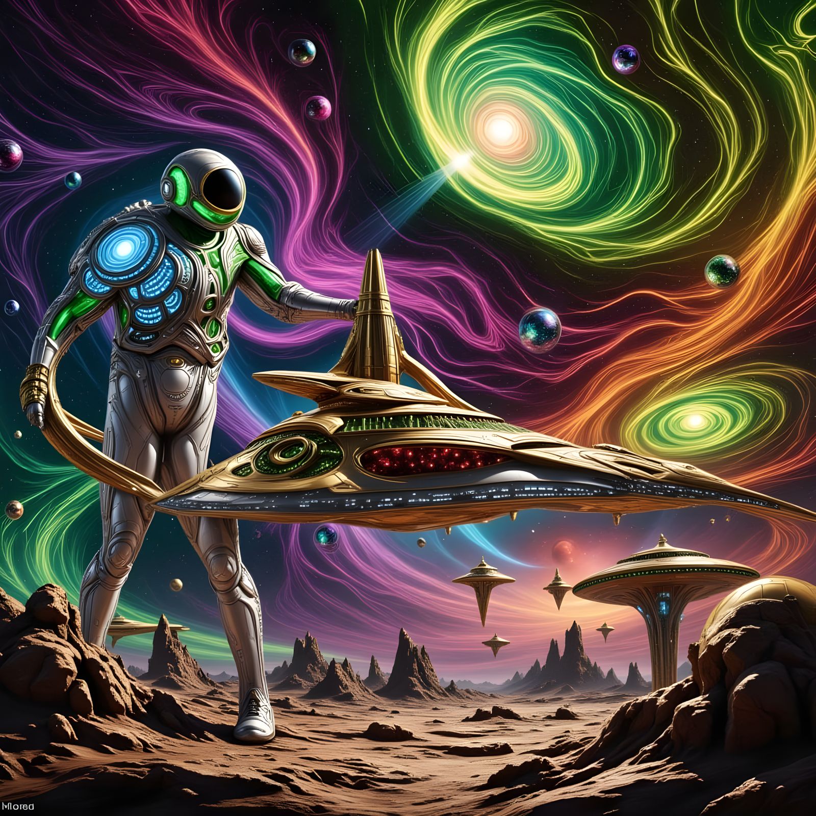Astronaut and Alien Spaceship in Psychedelic Oil Slick