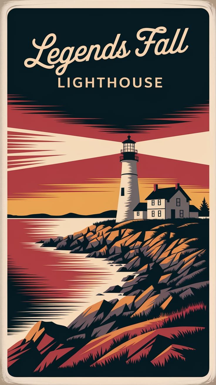 Sunset at Legends Fall Lighthouse: 1940s Illustration