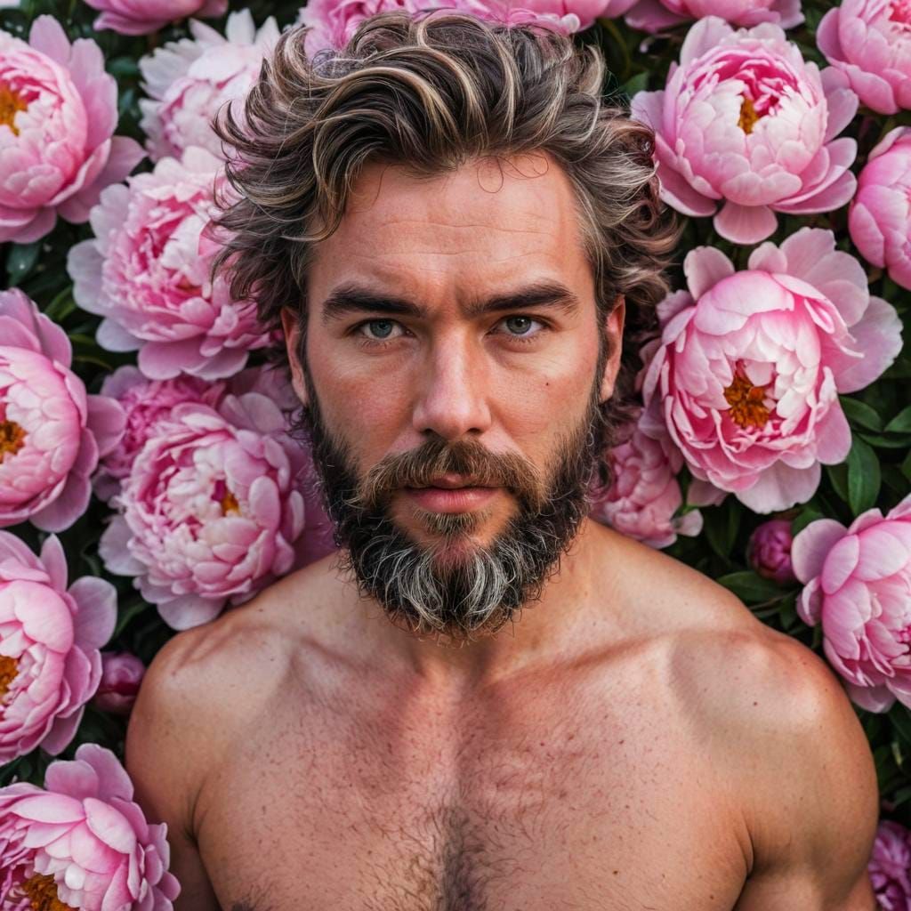 Bearded Man with Peonies, High Contrast Portrait