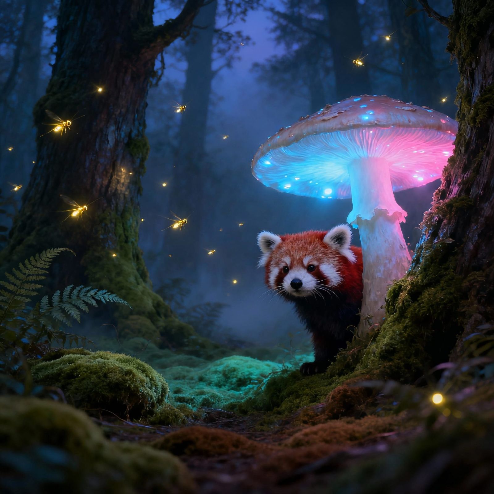 Red Panda Peeks from Glowing Mushroom in Mystical Forest