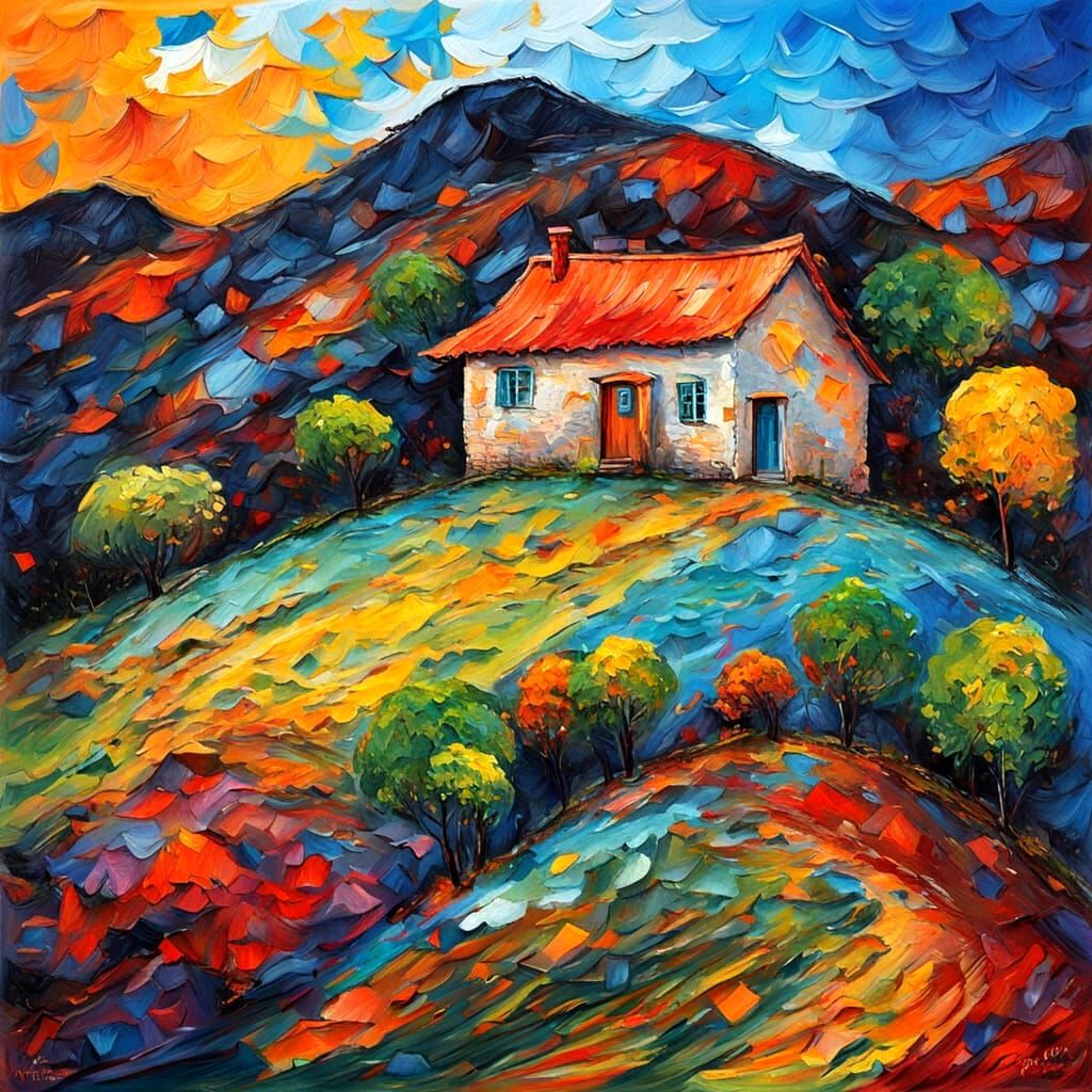 Impasto Masterpiece: Vibrant Half-Moon House Landscape