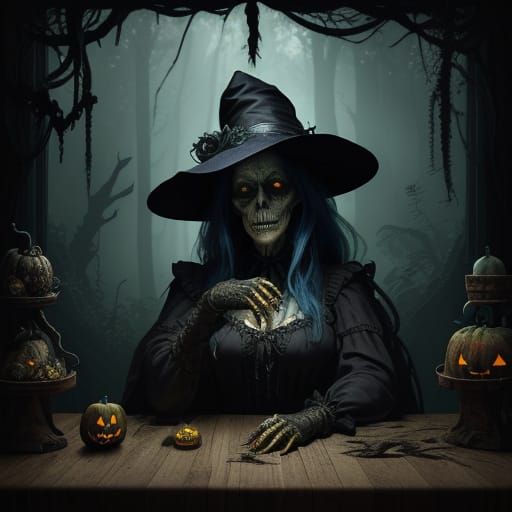 Mysterious Witch in a Dark Academia Setting