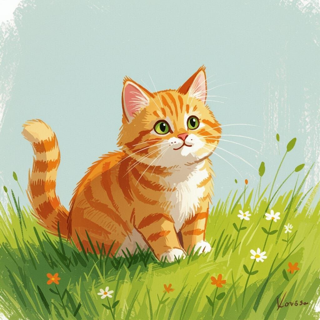 Orange and White Cat Playing: Impressionistic Style