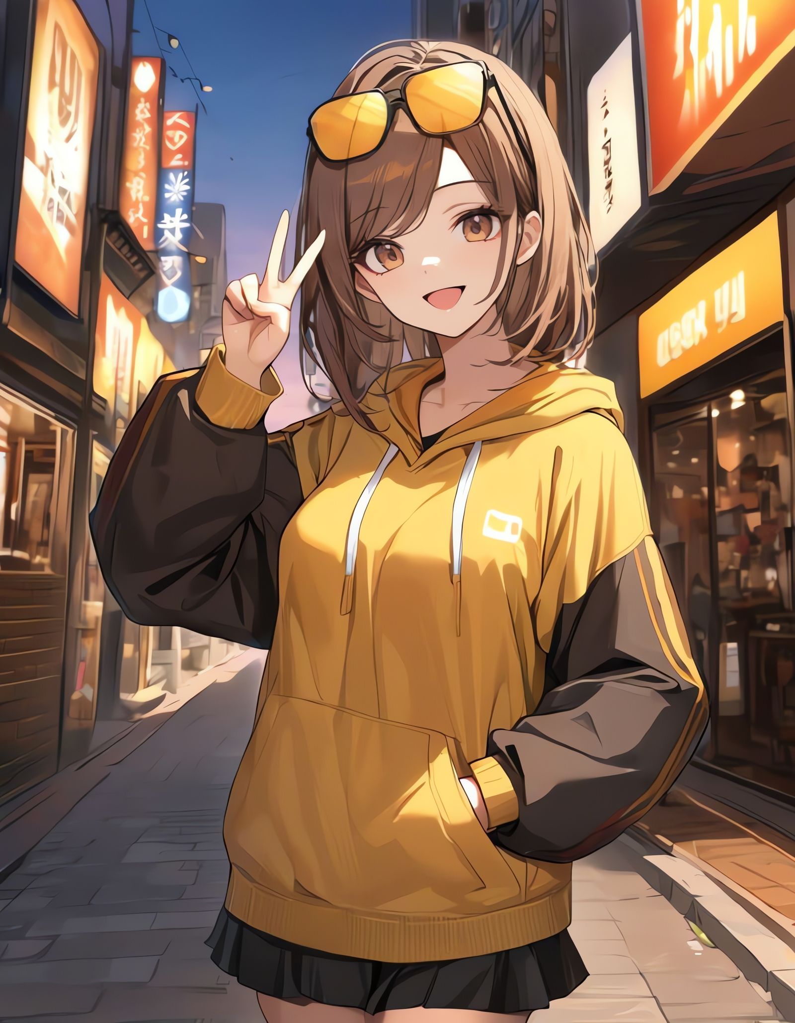 Young Woman Strolls Through City Twilight in a Vibrant, Cybe...