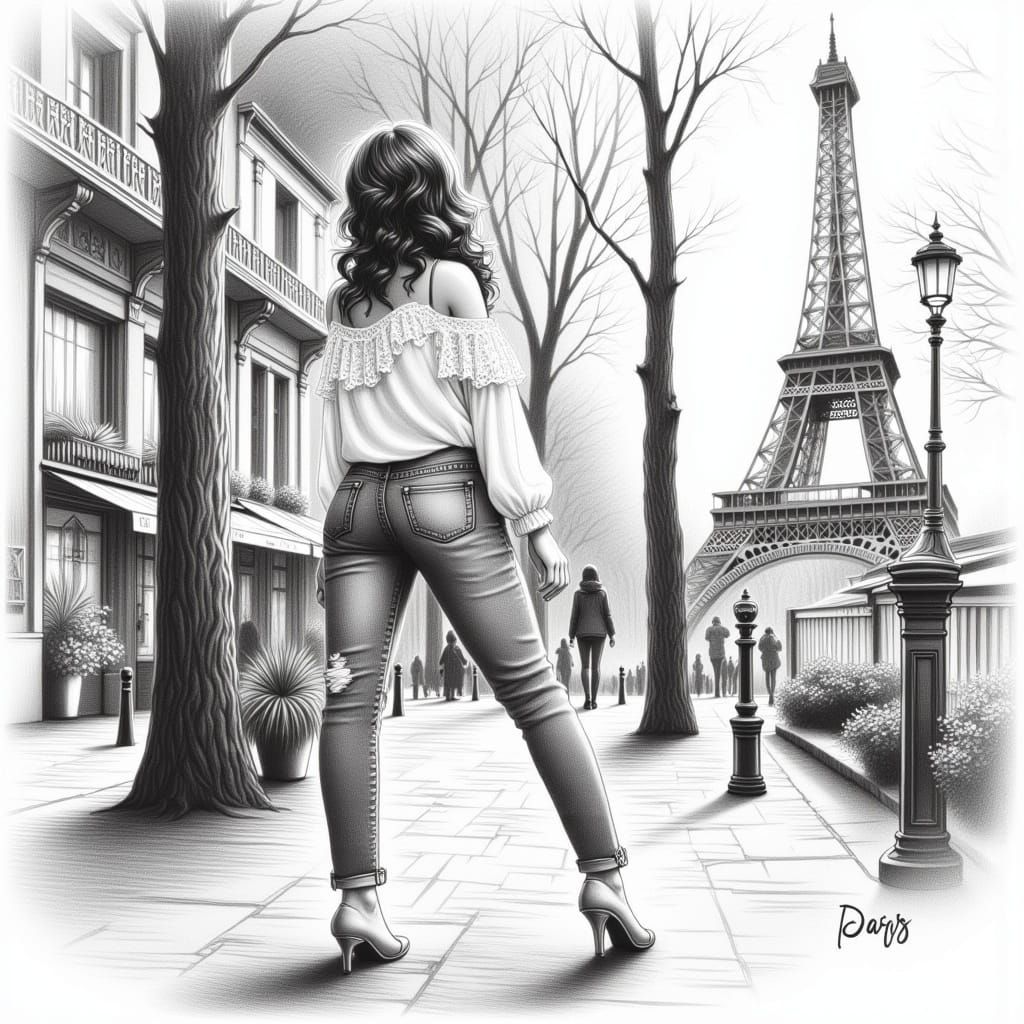 Woman Walking in Parisian Streets with Eiffel Tower
