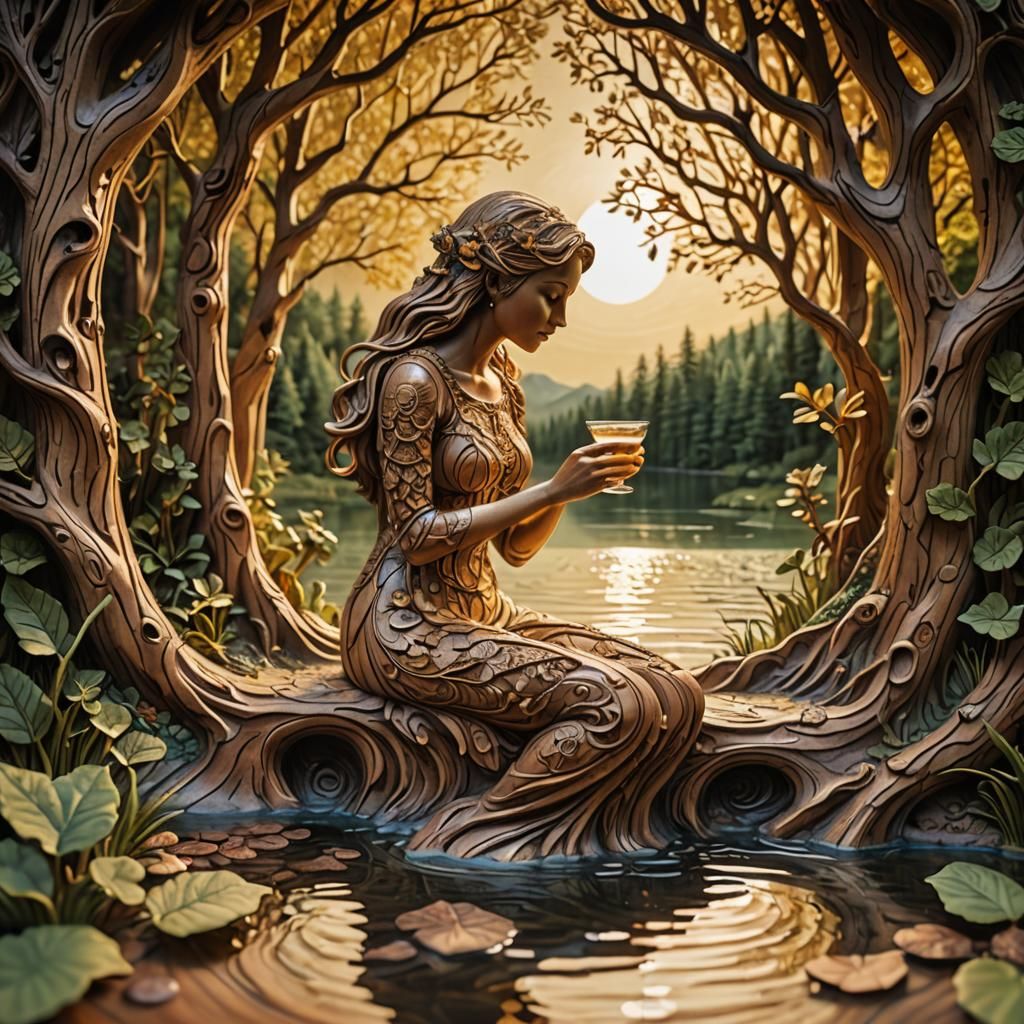 Wooden Bas-Relief of Deer at Lake