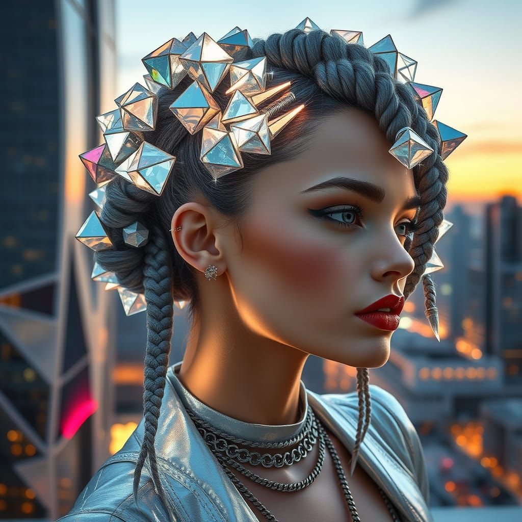Kaleidoscopic Geometric Hair Sculpture in Futuristic Citysca...