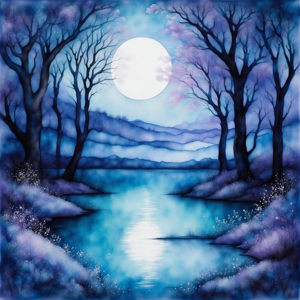 Frosted Lake Under Moonlight in Alcohol Ink