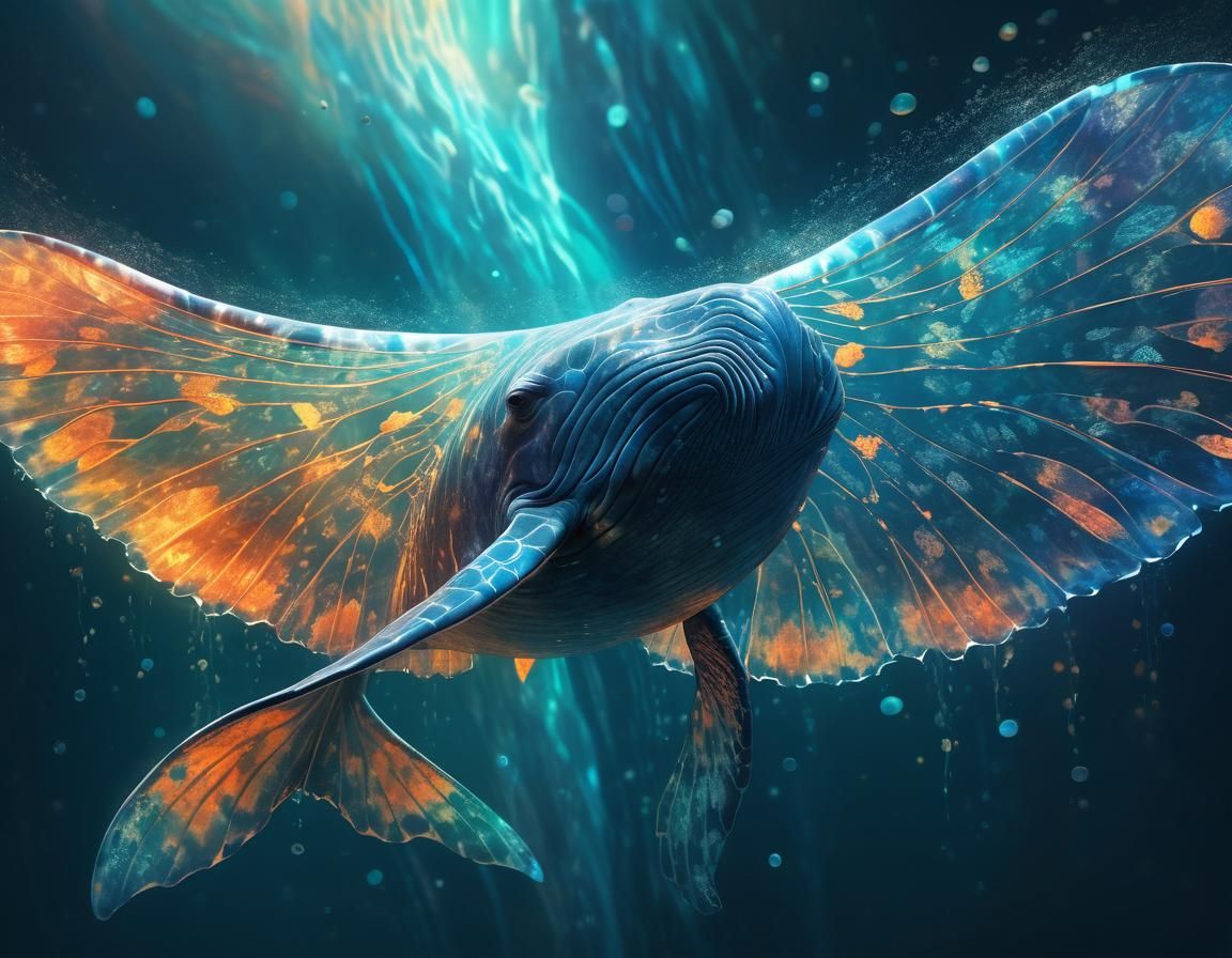 Ethereal Whale with Butterfly Wings in Art Nouveau Style
