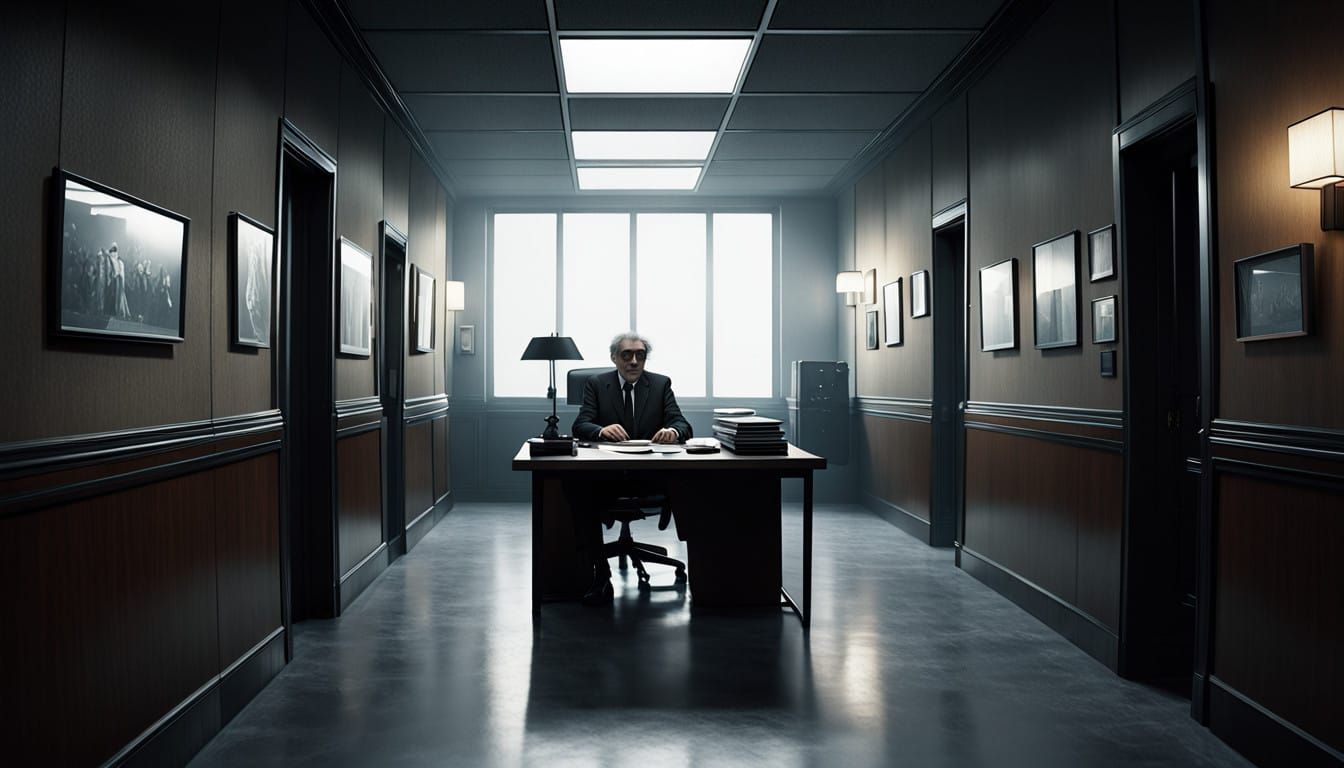 Friendly Physics Teacher in Opulent Office Corridor