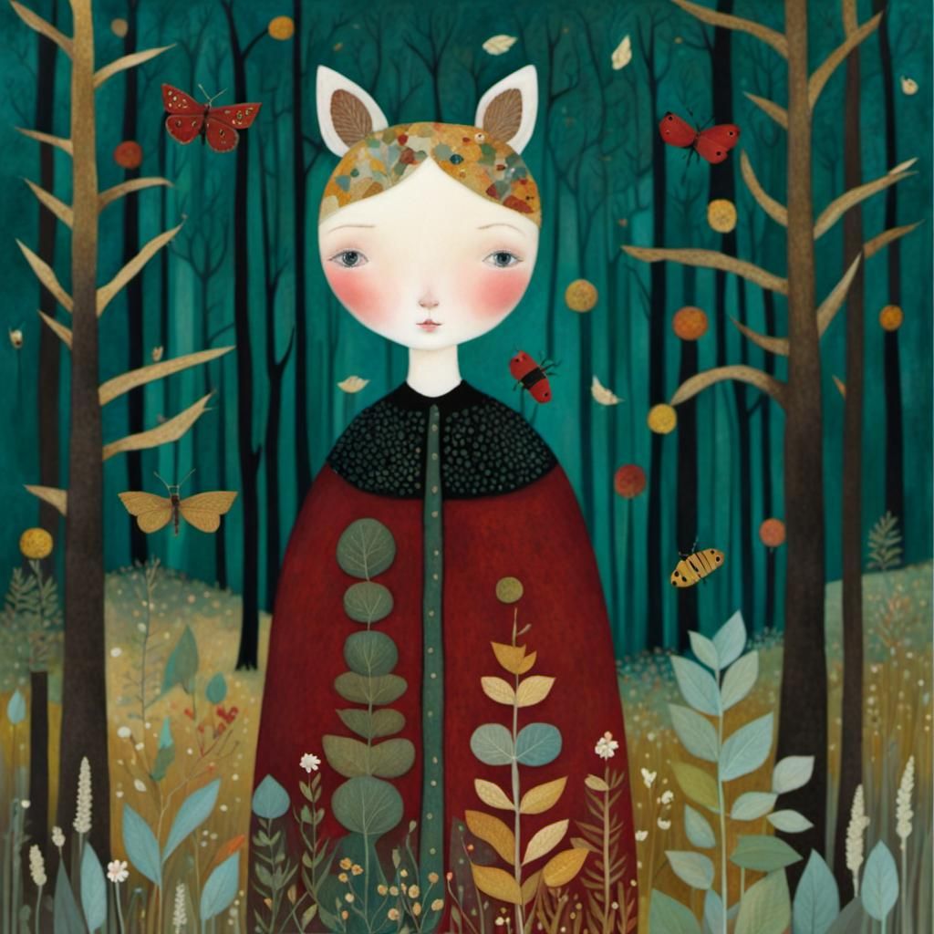 Autumn Woman in Forest, Klimt-Inspired Illustration