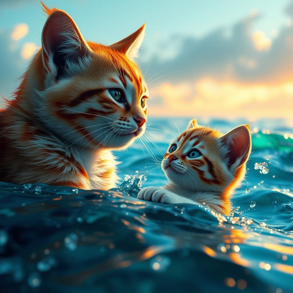 Whimsical Feline Duo in a Vibrant Ocean Scene