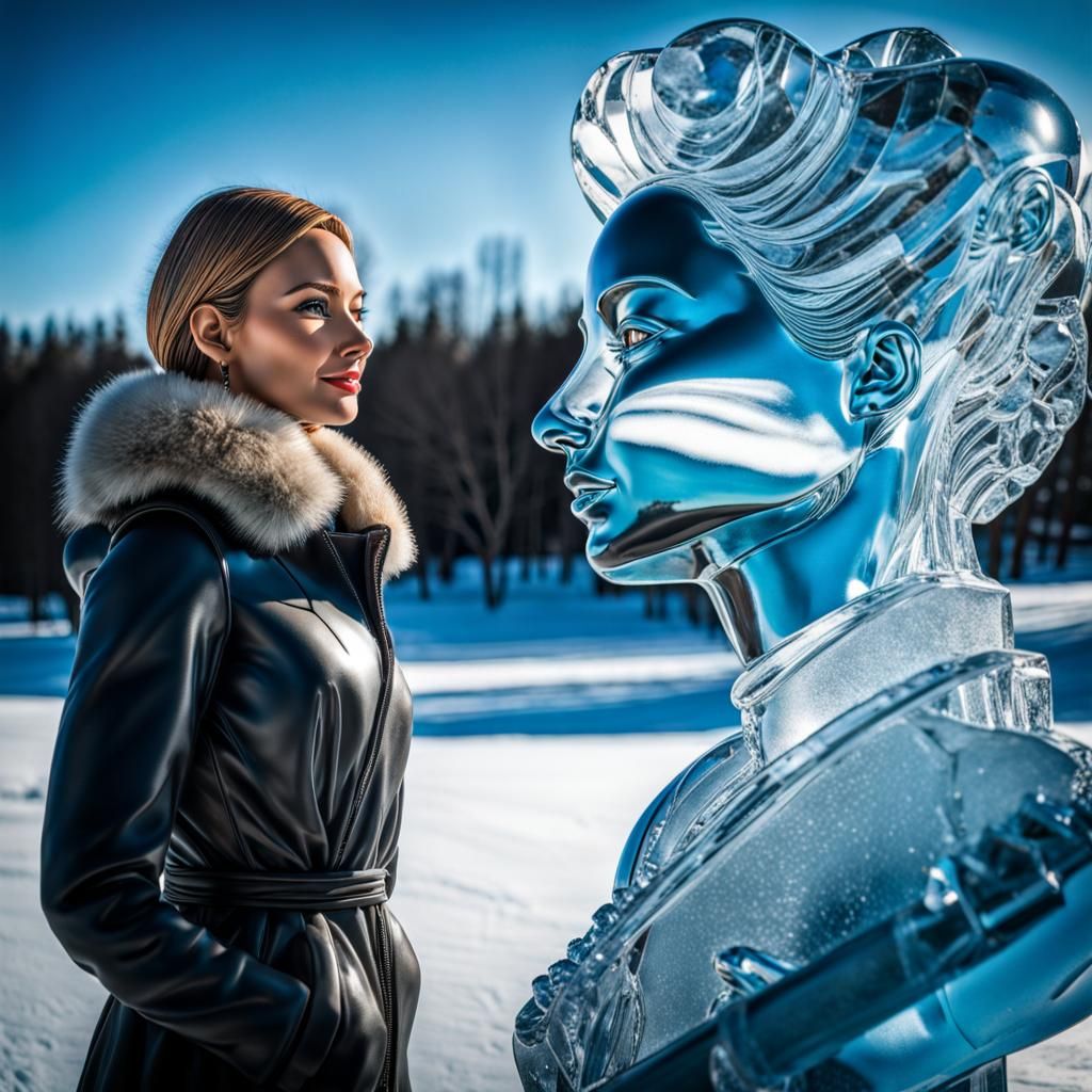 Ukrainian Artist Gazing at Ice Sculpture, Photorealistic