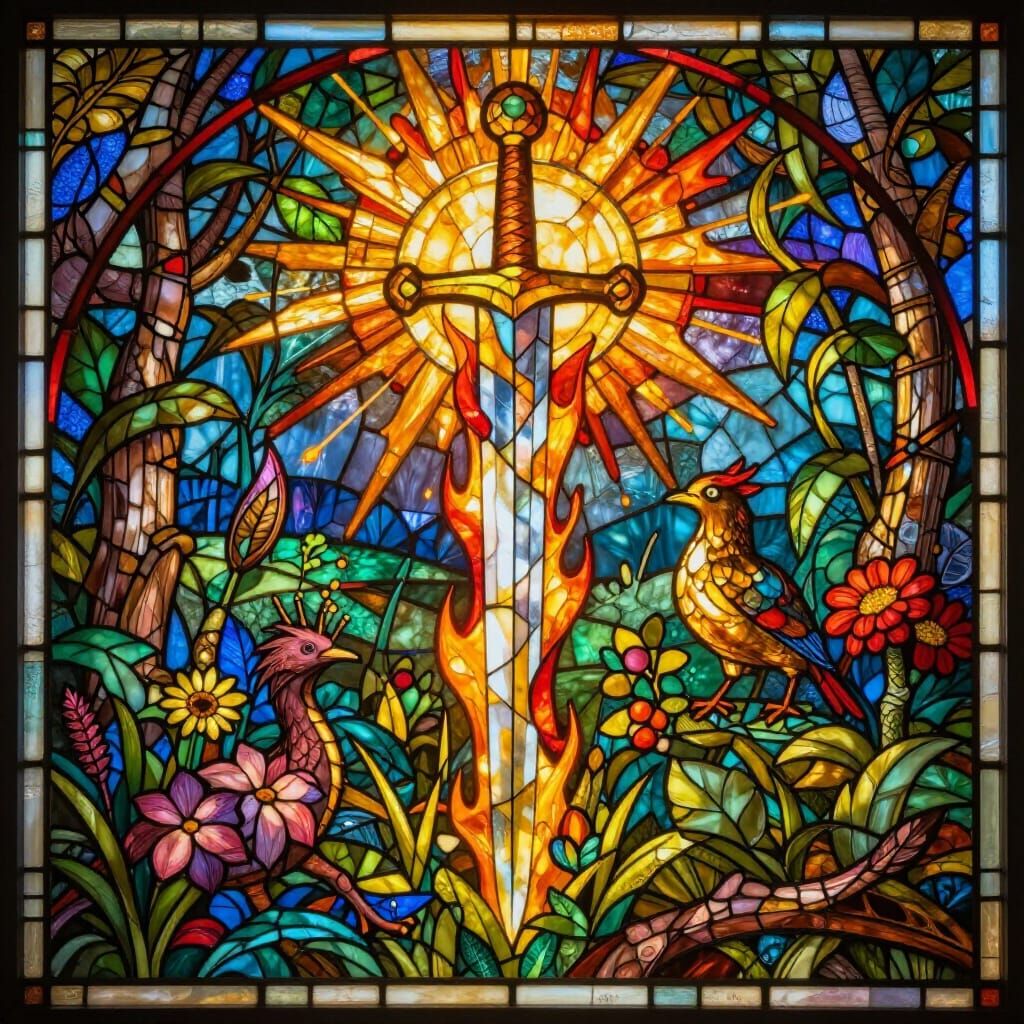 Vibrant Stained Glass Garden of Eden Scene