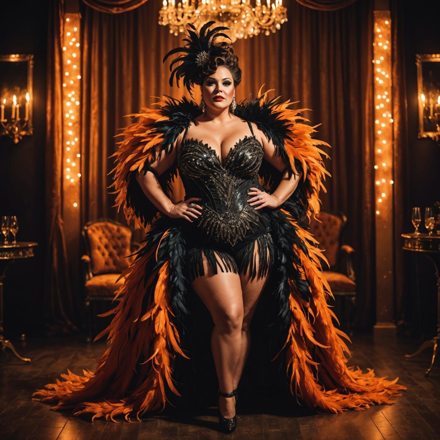 Glamorous Burlesque Performer on Cozy Stage