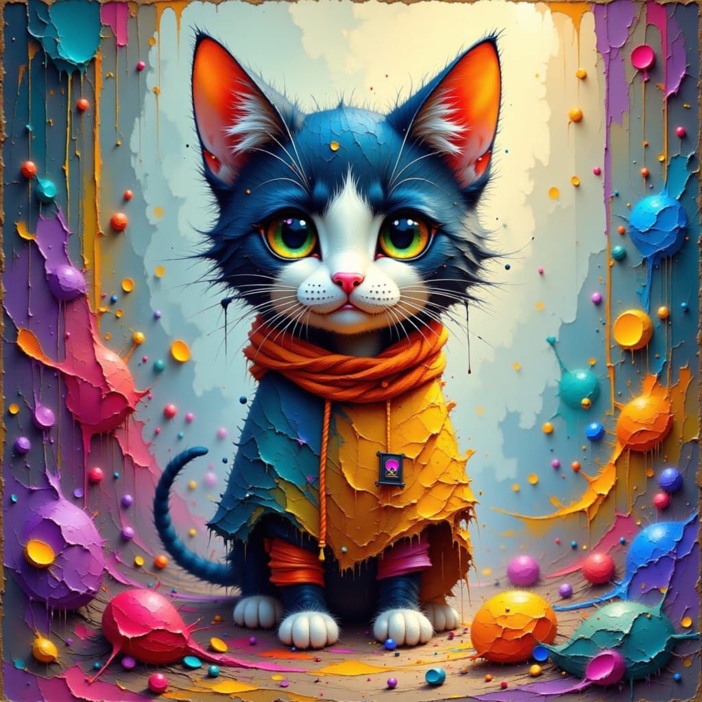 Yarn Chibi Cat in Oil Painting Style