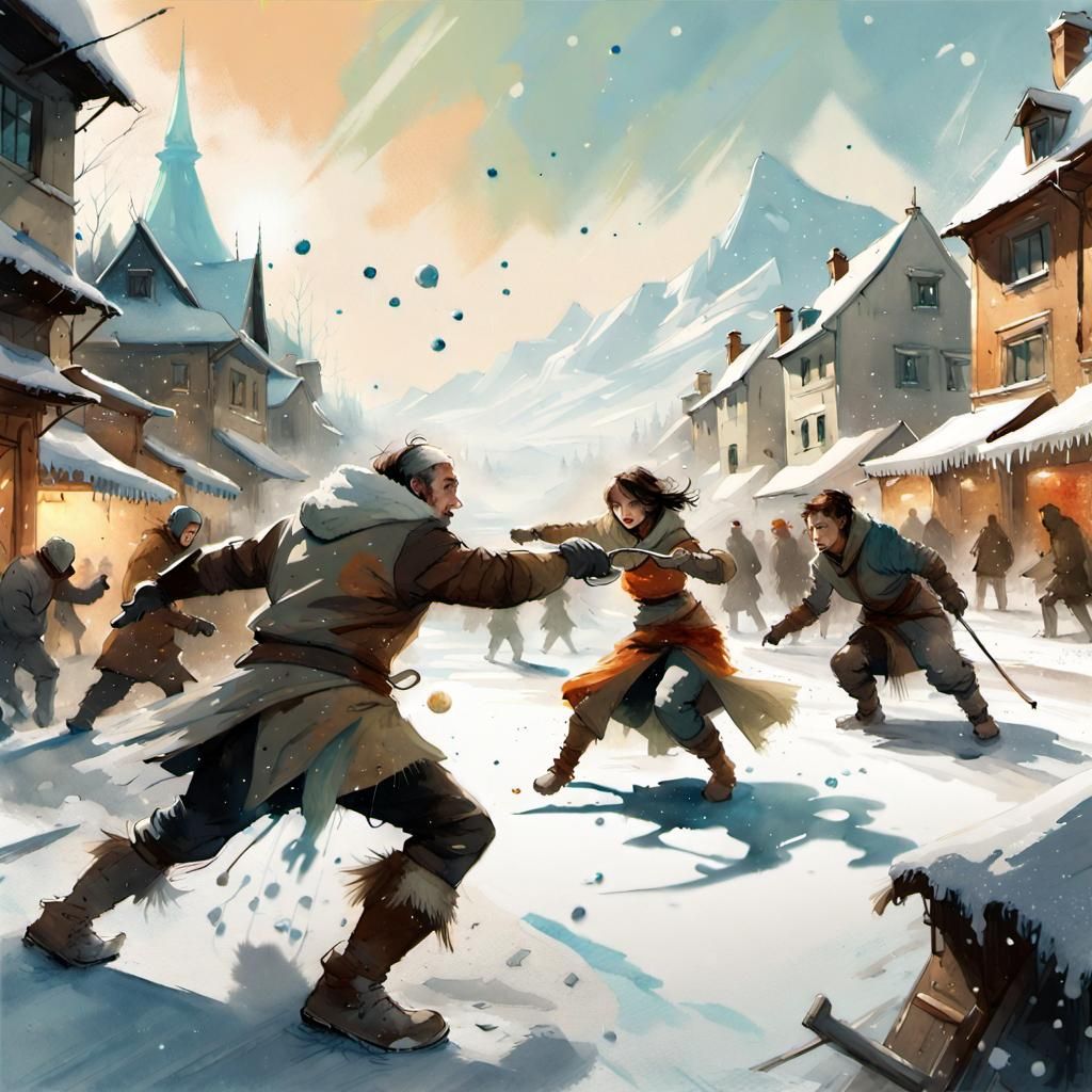 Winter Snowball Fight in Watercolor Illustration Style