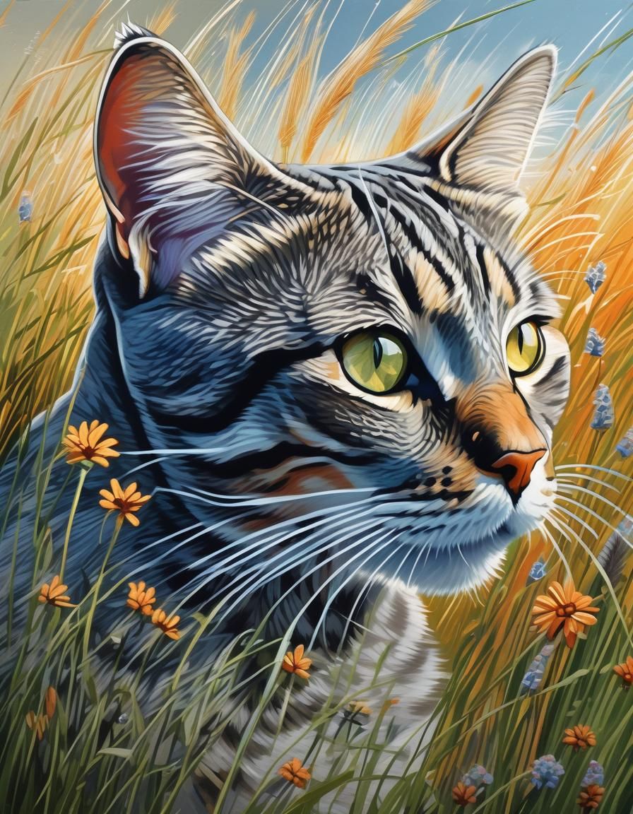 Grey Tabby Cat Portrait in JH Lynch Style
