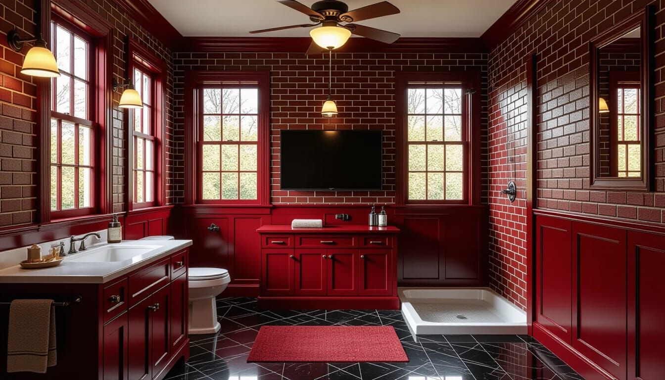 Victorian Bathroom with Dark Red Decor and Moody Lighting