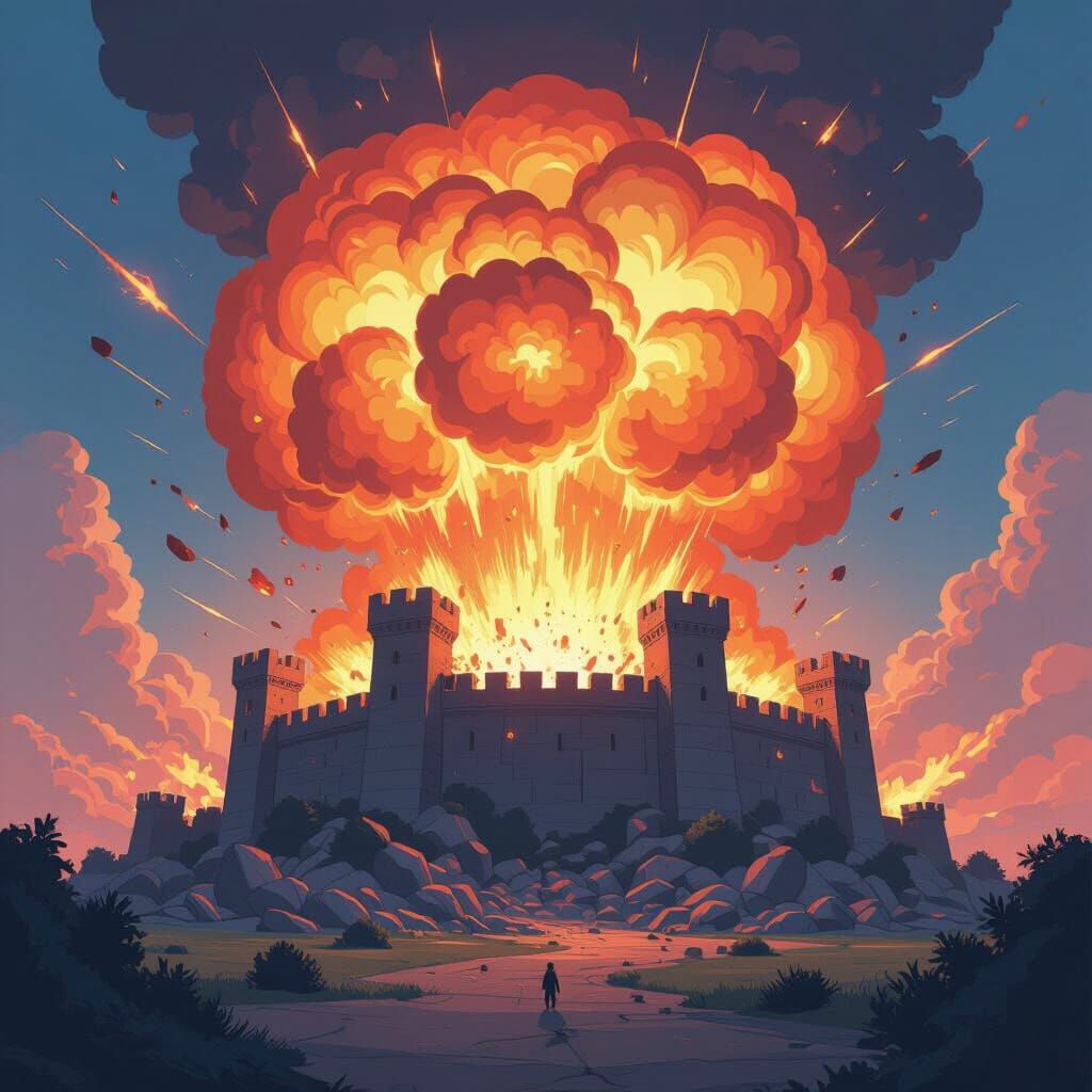 Fortress Engulfed by Fireball in Anime Style