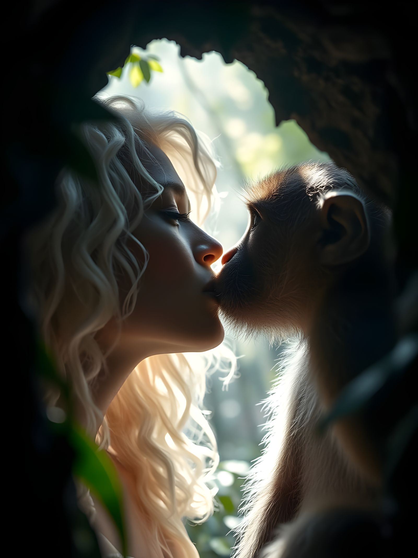 Albino Woman and Ape in Cave Macro Photo