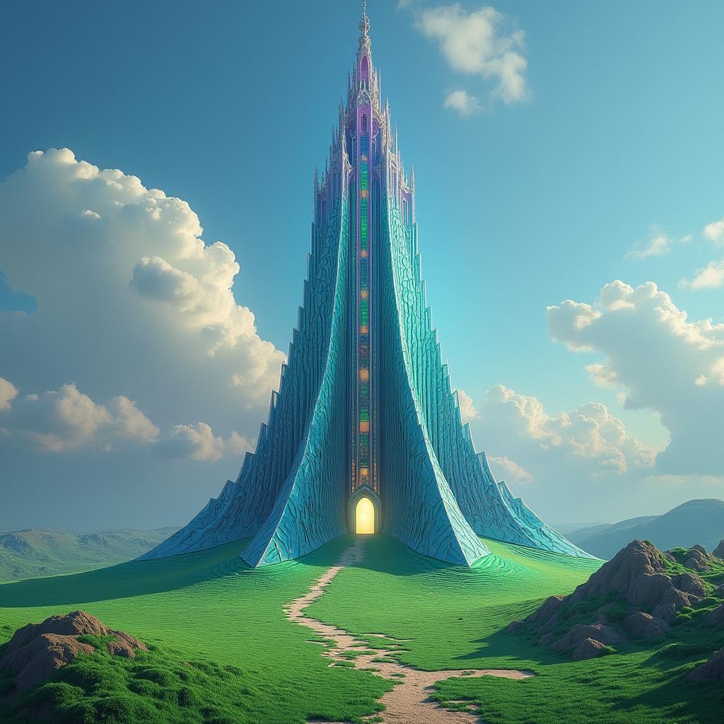 Iridescent Gothic Tower Above Emerald Landscape